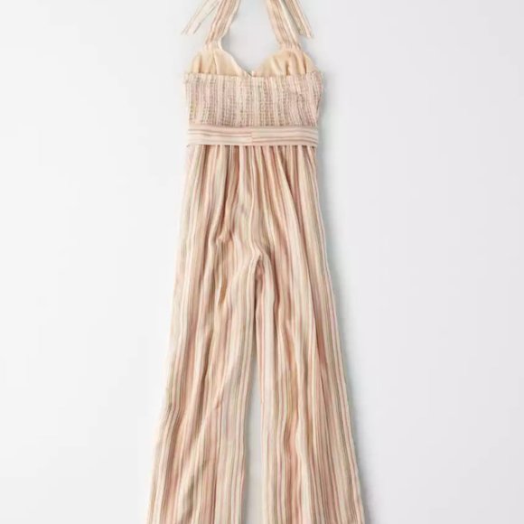 American Eagle Striped Tie Front Halter Jumpsuit button detail wide leg - Picture 3 of 13